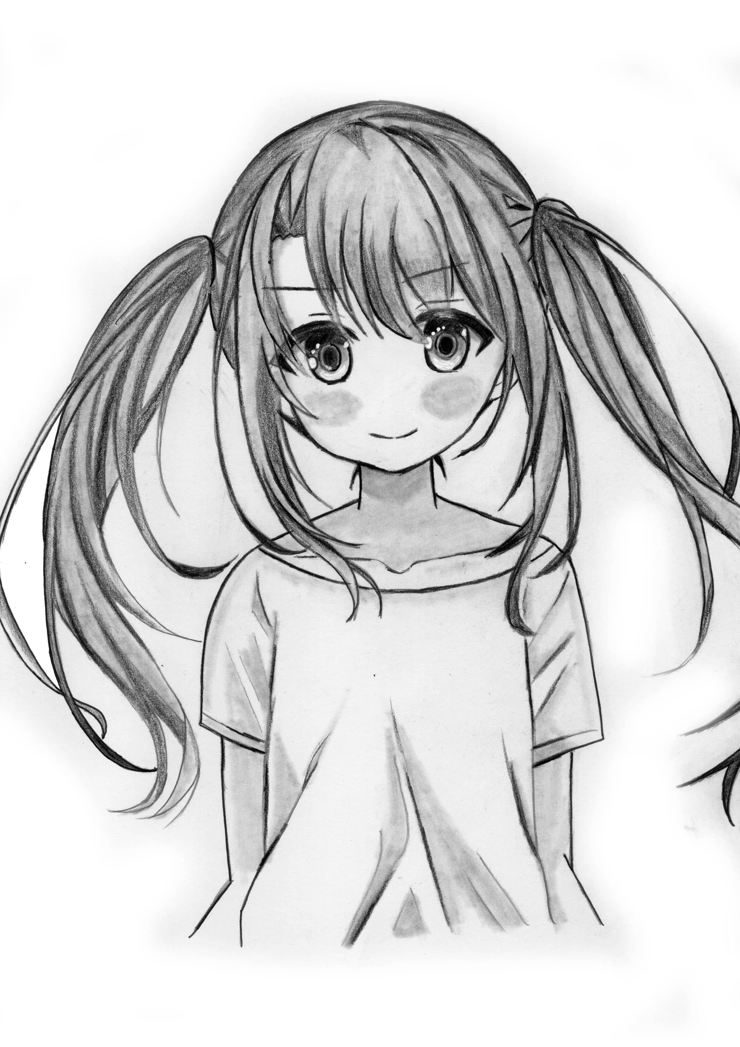 可愛動漫小女孩 壁紙 — 一個可愛的動漫女孩，紮著辮子，臉頰紅潤，在詳細的鉛筆素描中溫柔地微笑。