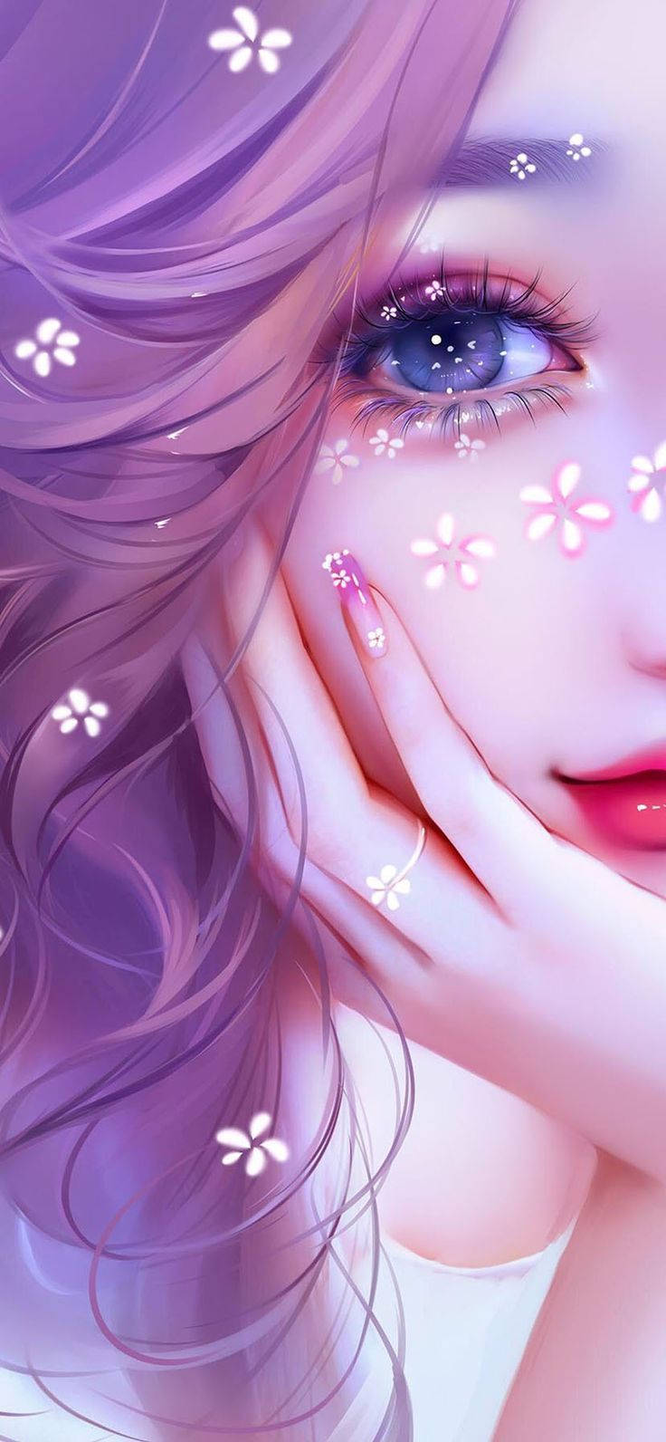 可愛動漫少女半張臉 壁紙 — 一個近距離的動漫女孩，紫色頭髮和藍色眼睛，輕輕觸摸她的臉，周圍環繞著發光的白色花朵。
