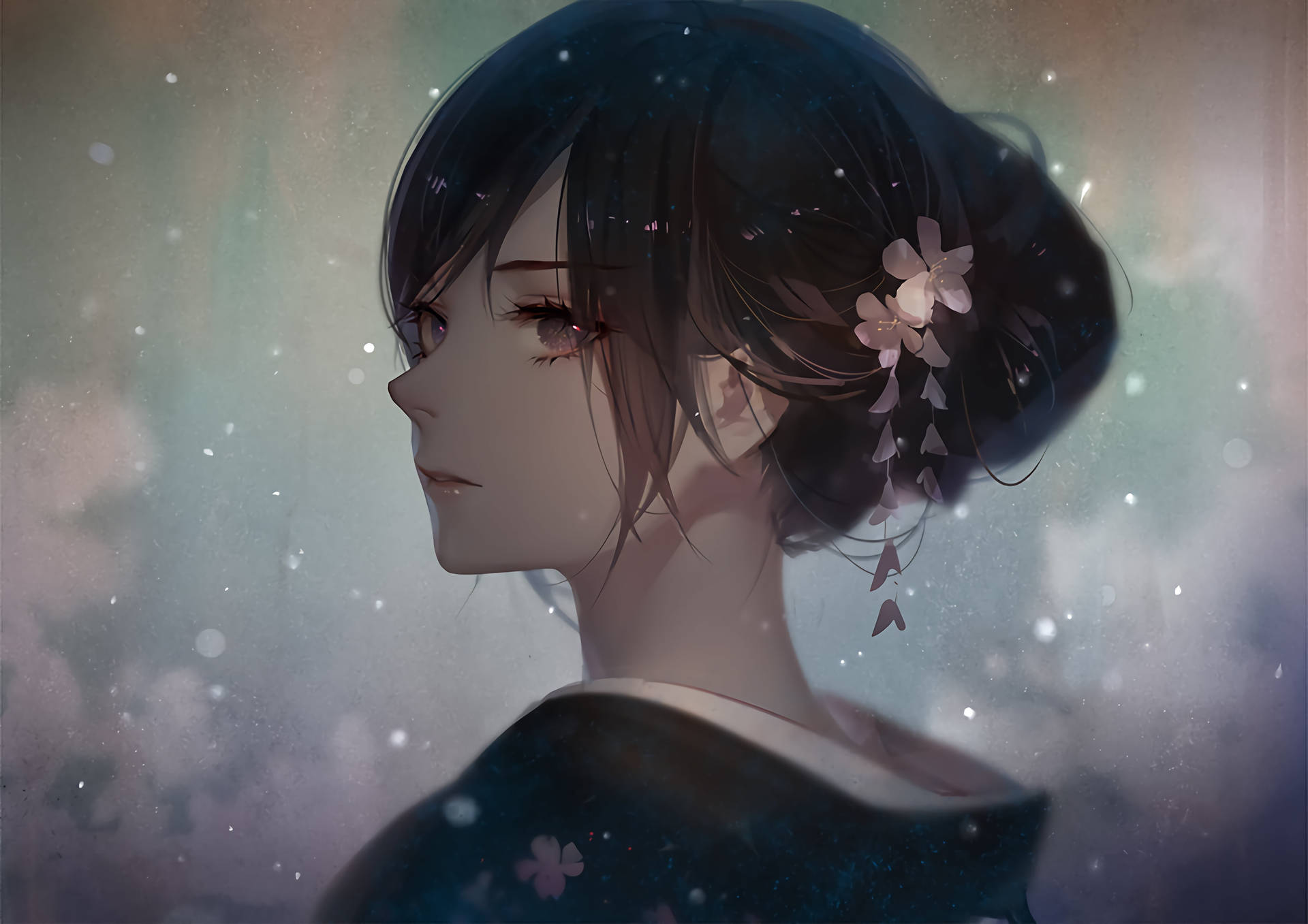 動漫女孩穿著和服，頭髮上插著櫻花，背景是柔和的粉彩。