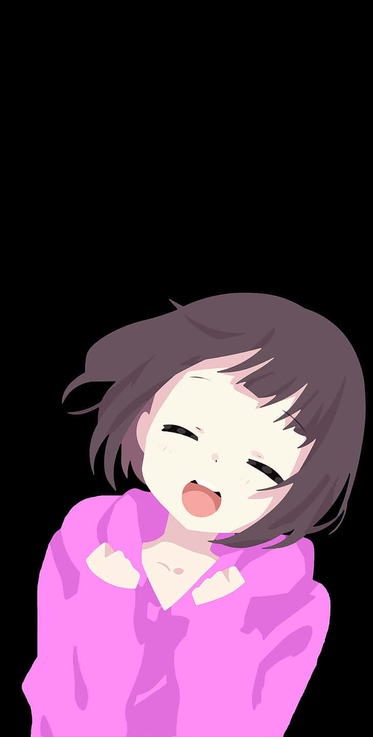 動漫女孩穿著粉紅色連帽衫，閉著眼睛在黑色背景前大笑