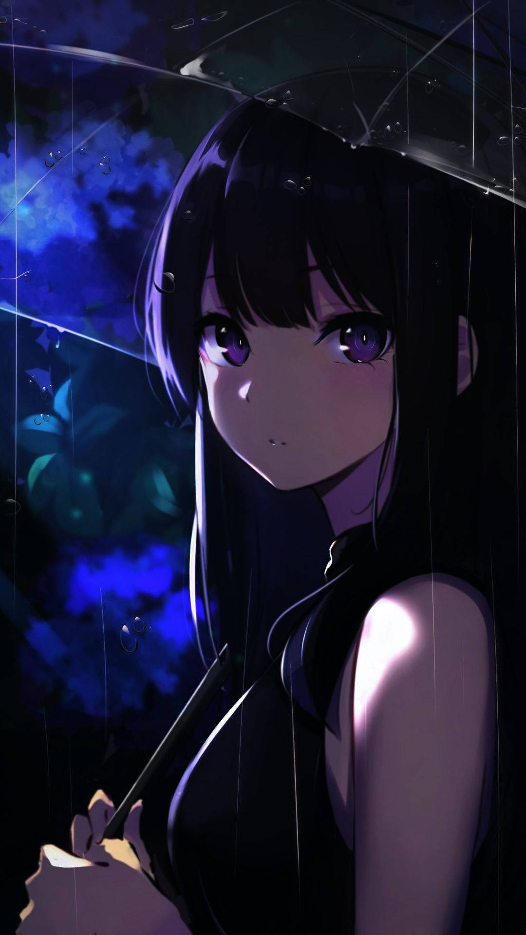 動漫女孩在雨夜中撐傘，背景為發光藍色。