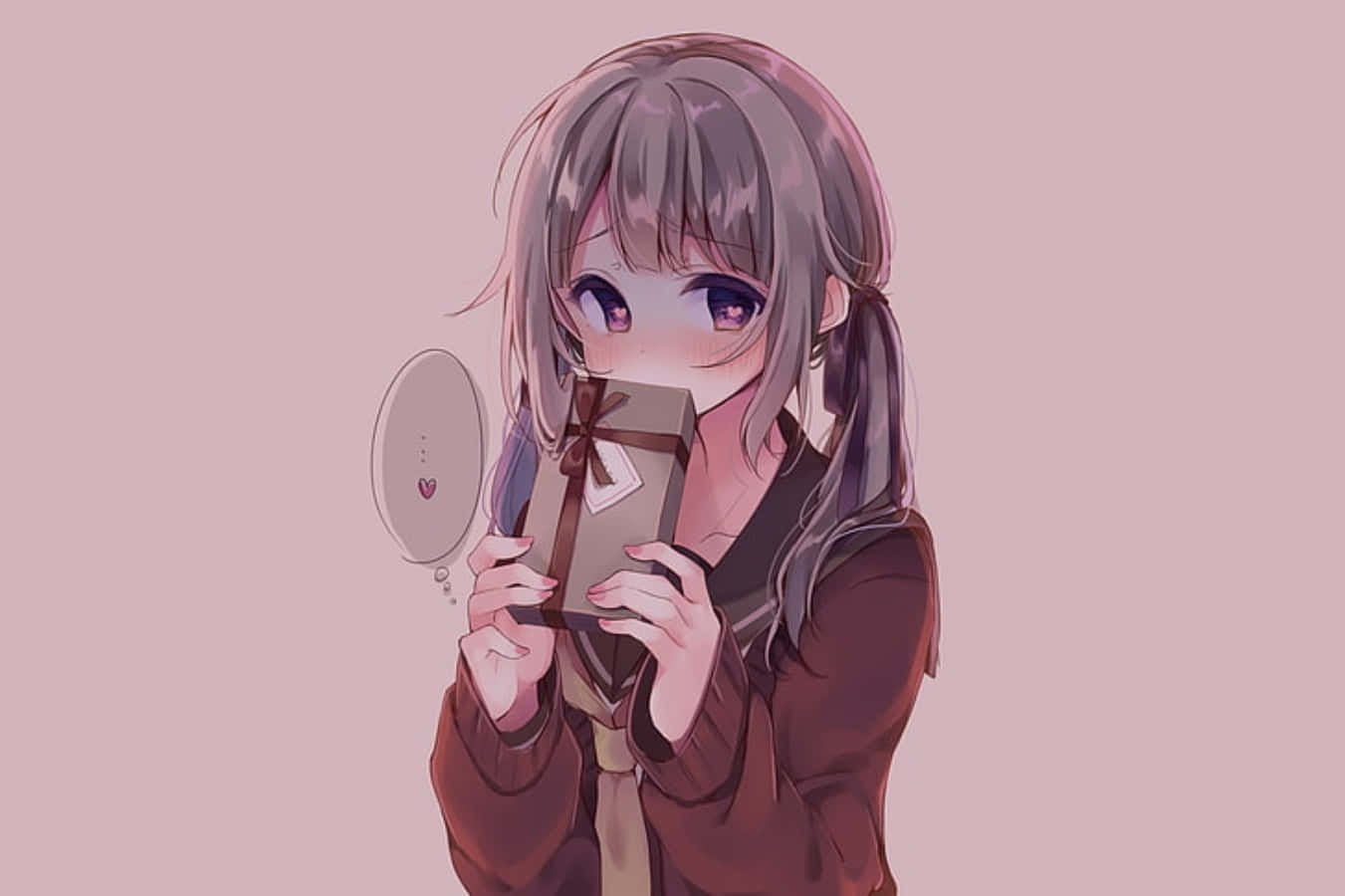 動漫女孩害羞地臉紅，同時將禮物盒靠近臉龐。