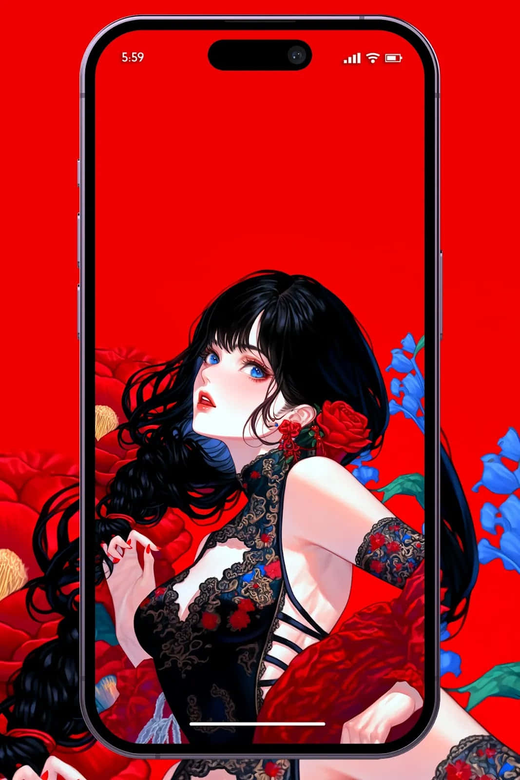 黑色蕾絲動漫女性在紅色花卉手機背景上。