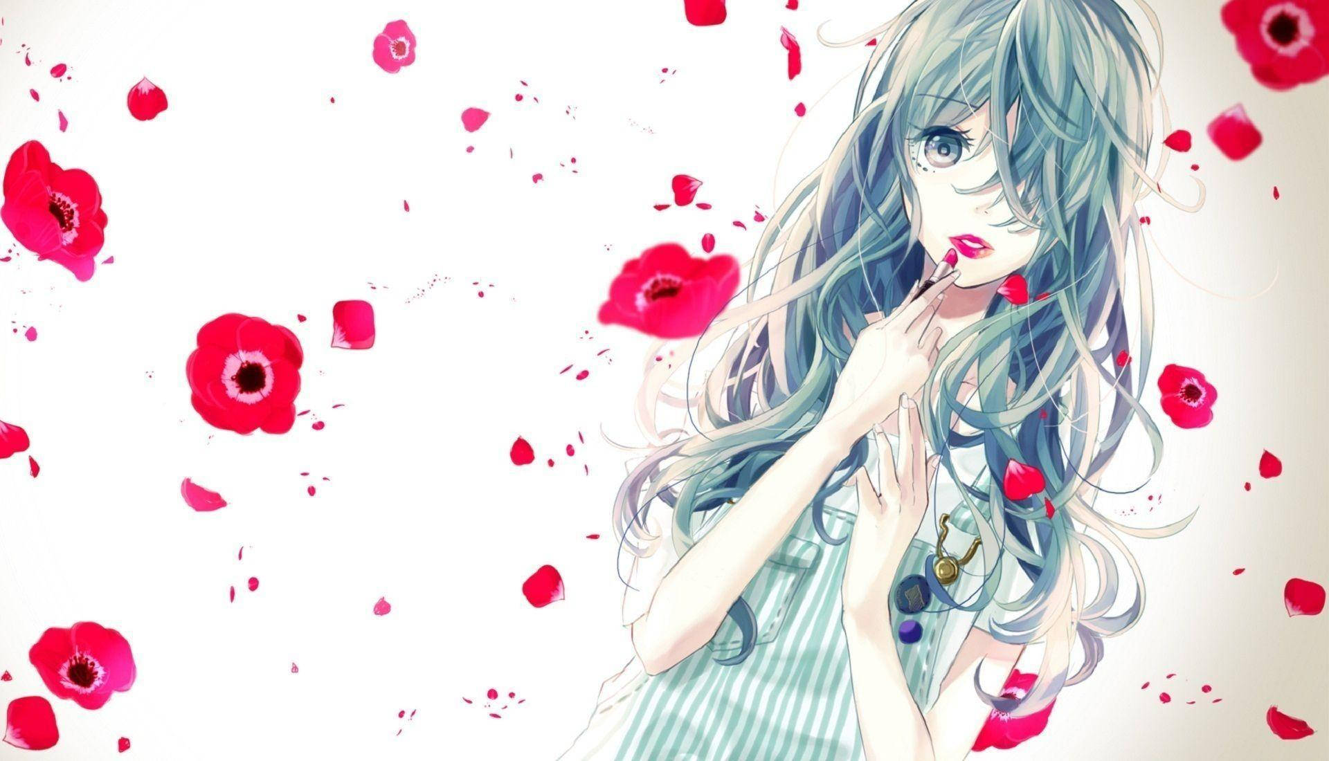 可愛動漫少女紅唇花瓣 壁紙 — 一個精緻的動漫女孩，青綠色頭髮，輕輕觸碰嘴唇，鮮紅的罌粟花在她周圍飄動，背景是柔和的白色。