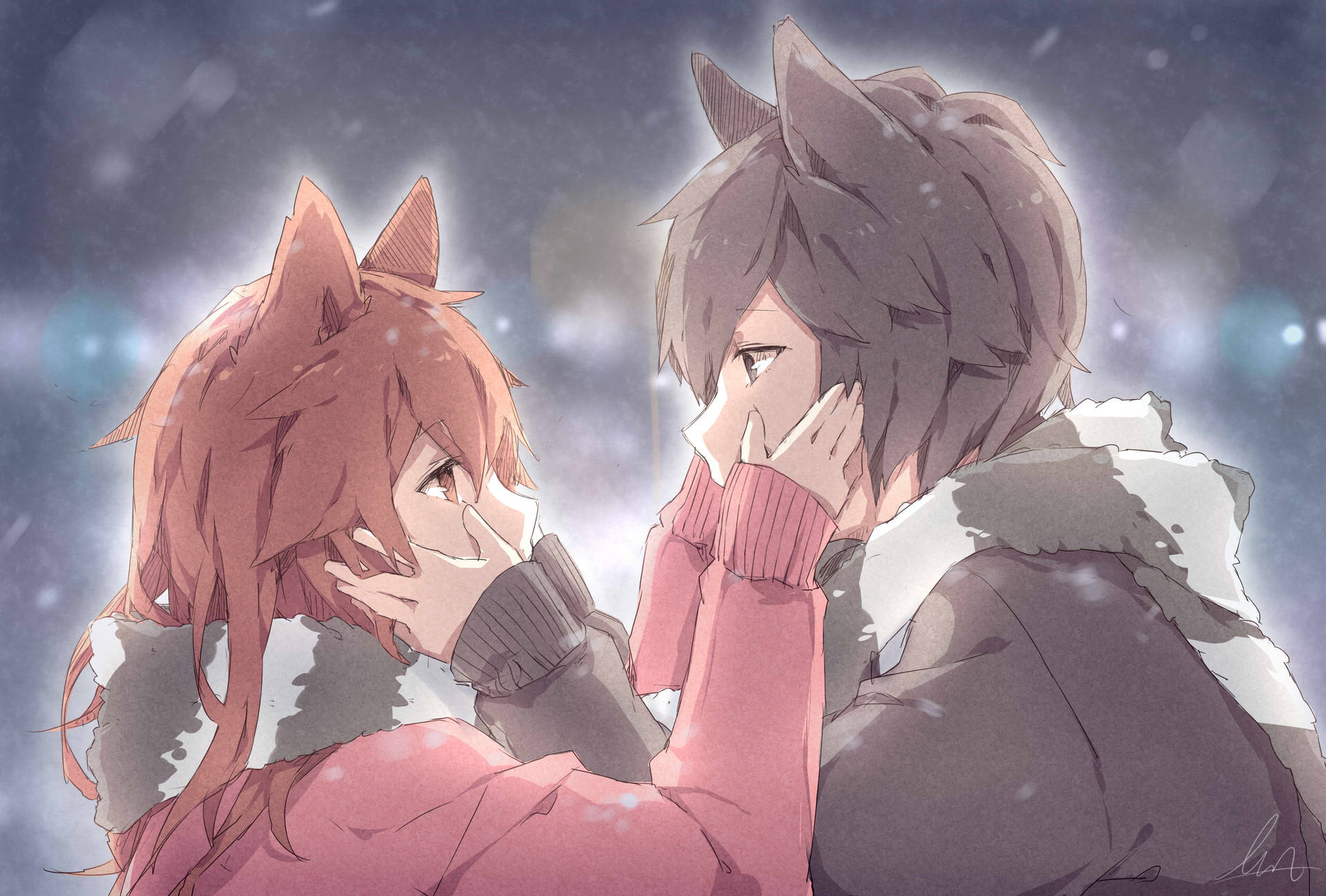 兩個有狐狸耳朵的動漫角色在雪夜場景中溫暖地擁抱。