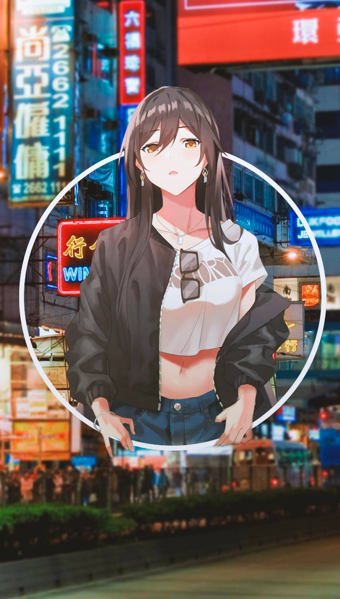 夜晚霓虹城市中的動漫女孩，身穿黑色外套和太陽眼鏡
