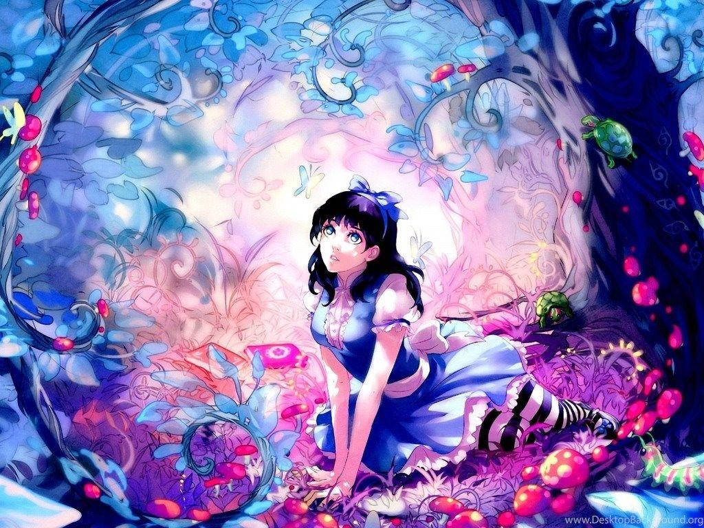 可愛動漫版愛麗絲在仙境 壁紙 — 一個穿著藍色連衣裙的年輕女孩跪在一個閃爍著粉紅色和藍色魔法的超現實森林中。