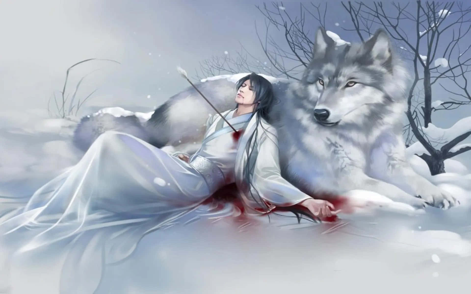 一位身著白袍的受傷戰士躺在雪地冬季場景中，旁邊是一隻大狼。