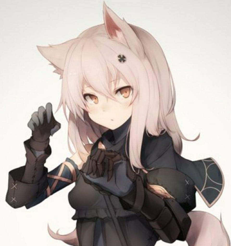粉紅色頭髮和貓耳朵的動漫女孩穿著深色衣服揮手。