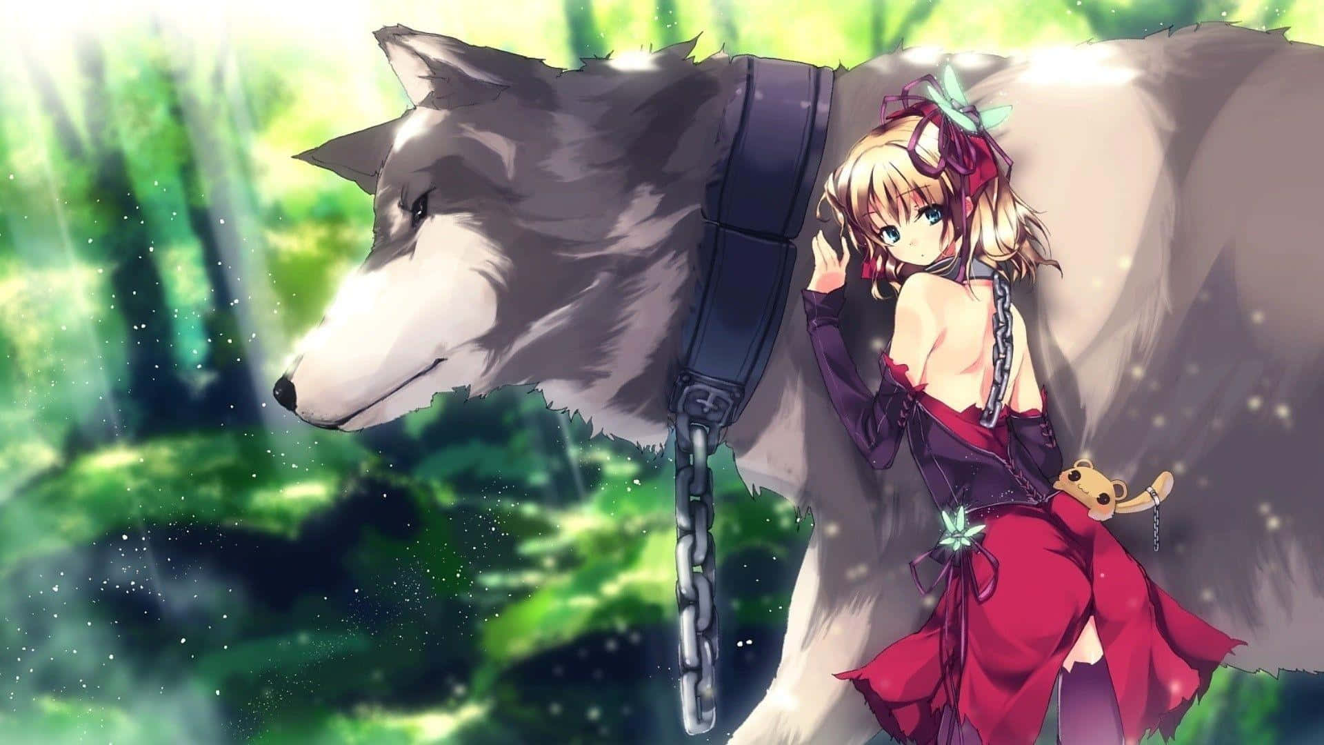 動漫女孩與狼同伴在充滿發光綠色光芒的魔法森林中。