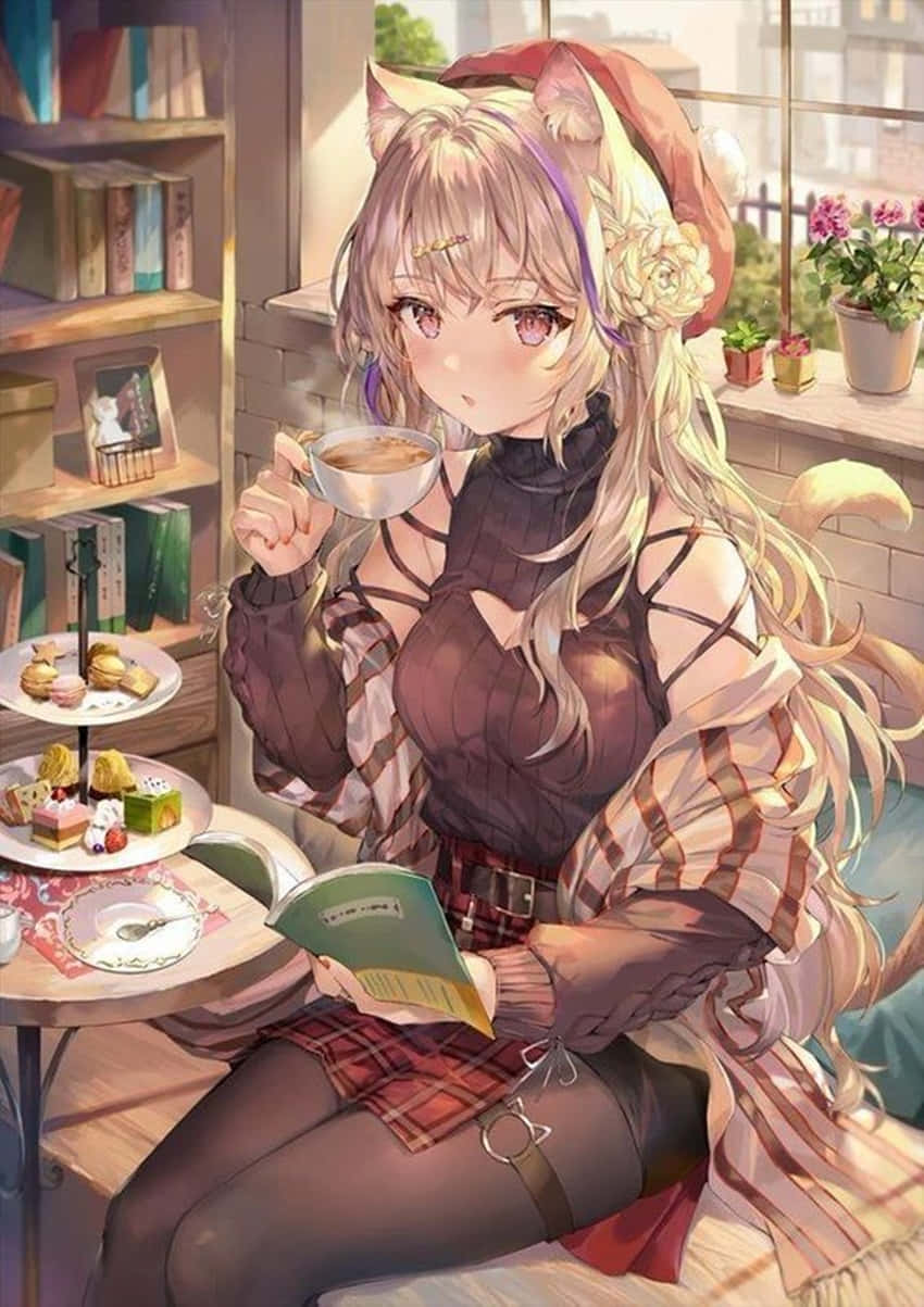 貓耳動漫女孩在明亮的咖啡館裡享受茶和閱讀，周圍有花朵和書籍。