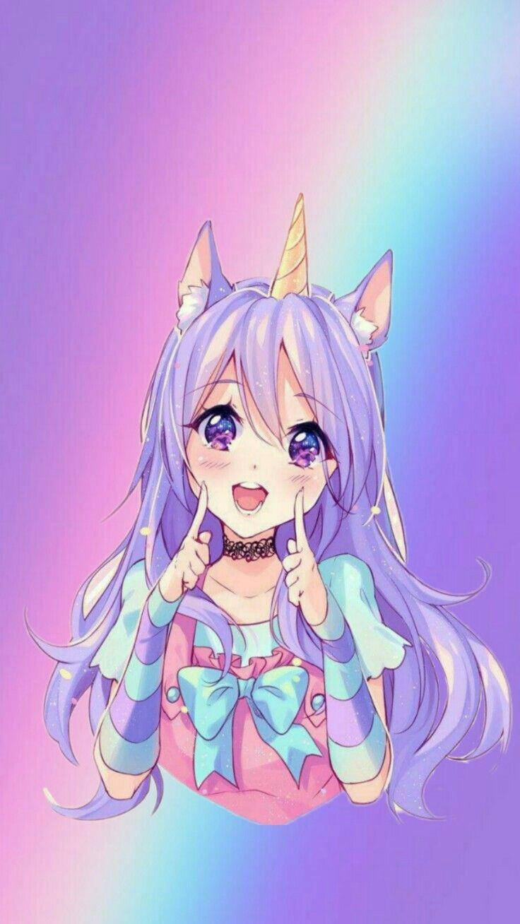 可愛動漫獨角獸女孩 壁紙 — 一個開心的動漫女孩，紫色頭髮和獨角獸角，微笑著將手指放在嘴唇上，背景是柔和漸變色。