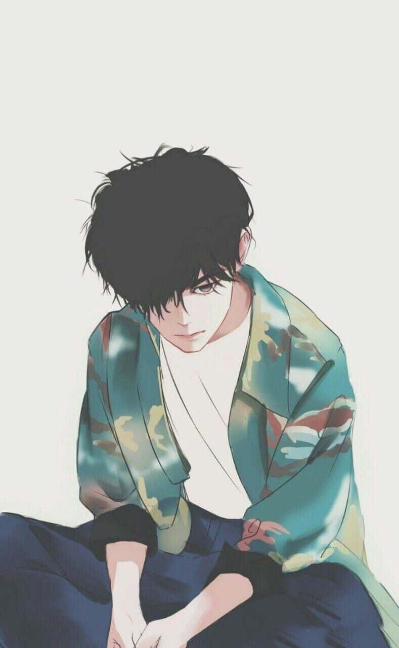 可愛動漫男孩 壁紙 — 一個年輕的動漫男孩，黑色亂髮，身穿迷彩外套，彎腰坐在素色背景前。