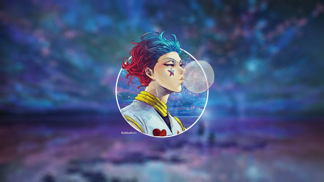 可愛動漫男孩 Hisoka 吹泡泡糖《全職獵人》 壁紙 — 一個風格化的動漫角色，紅藍頭髮，在宇宙星雲背景下吹泡泡糖。