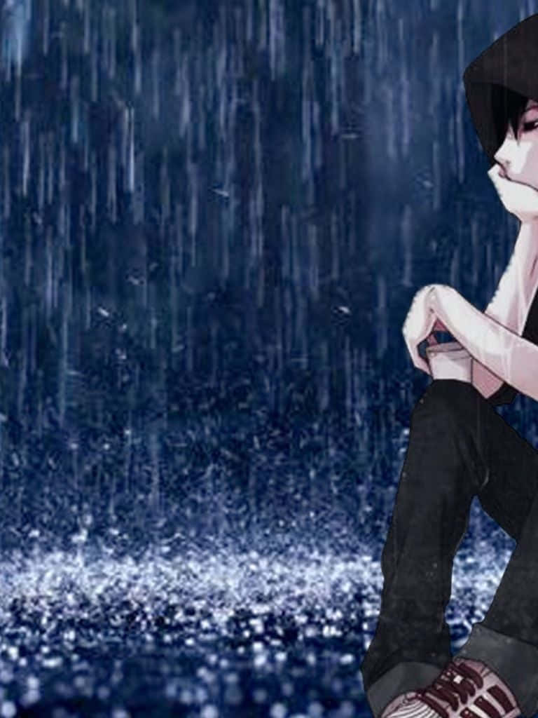 可愛動漫男孩 壁紙 — 一個孤獨的動漫角色坐在雨中，拉起帽子，雙手緊握，深藍色的雨絲在周圍落下。