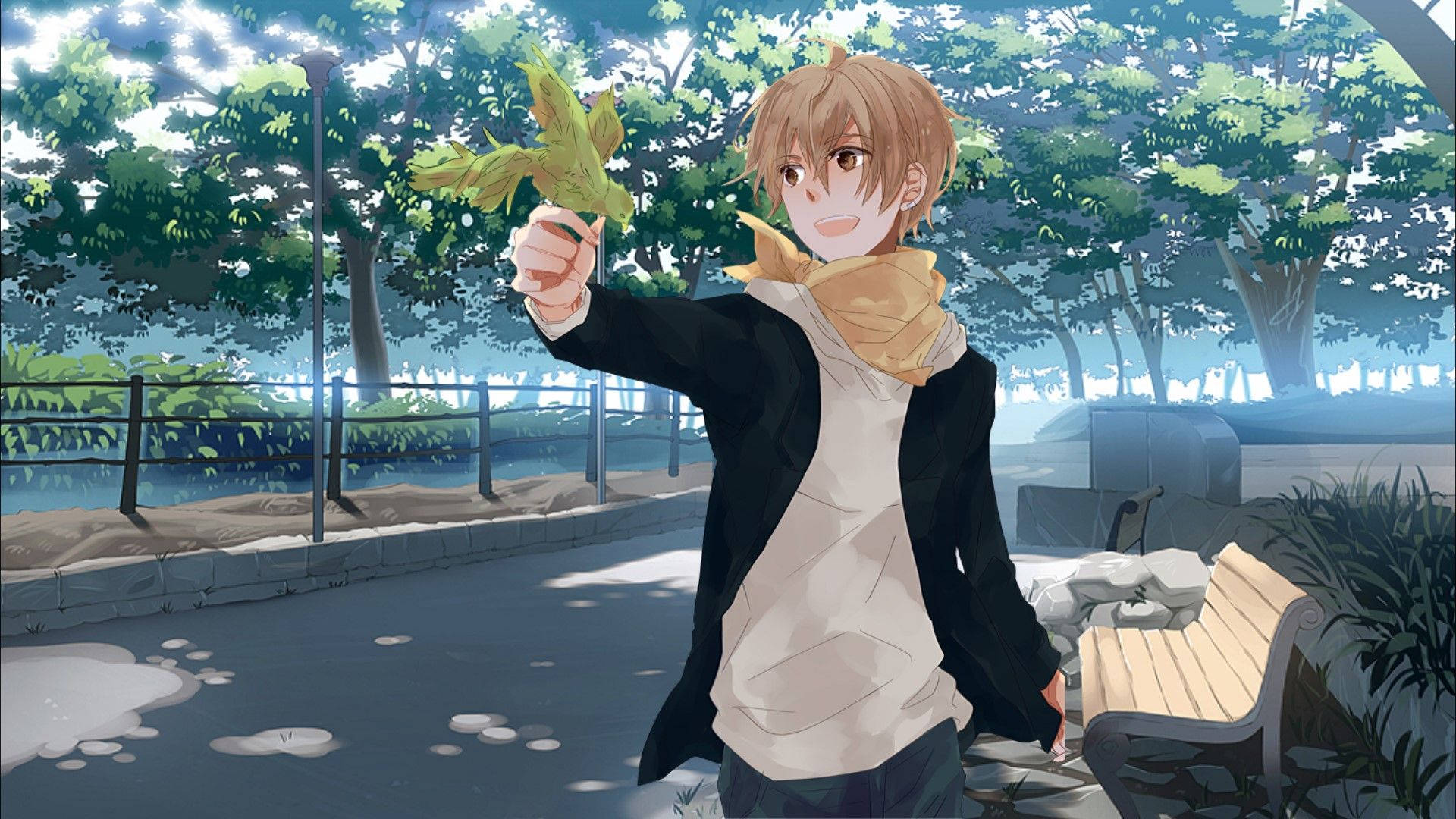 可愛動漫男孩公園 壁紙 — 一個開心的動畫男孩在公園裏，在斑駁的陽光下舉起一片綠葉，背景有樹木和長椅。