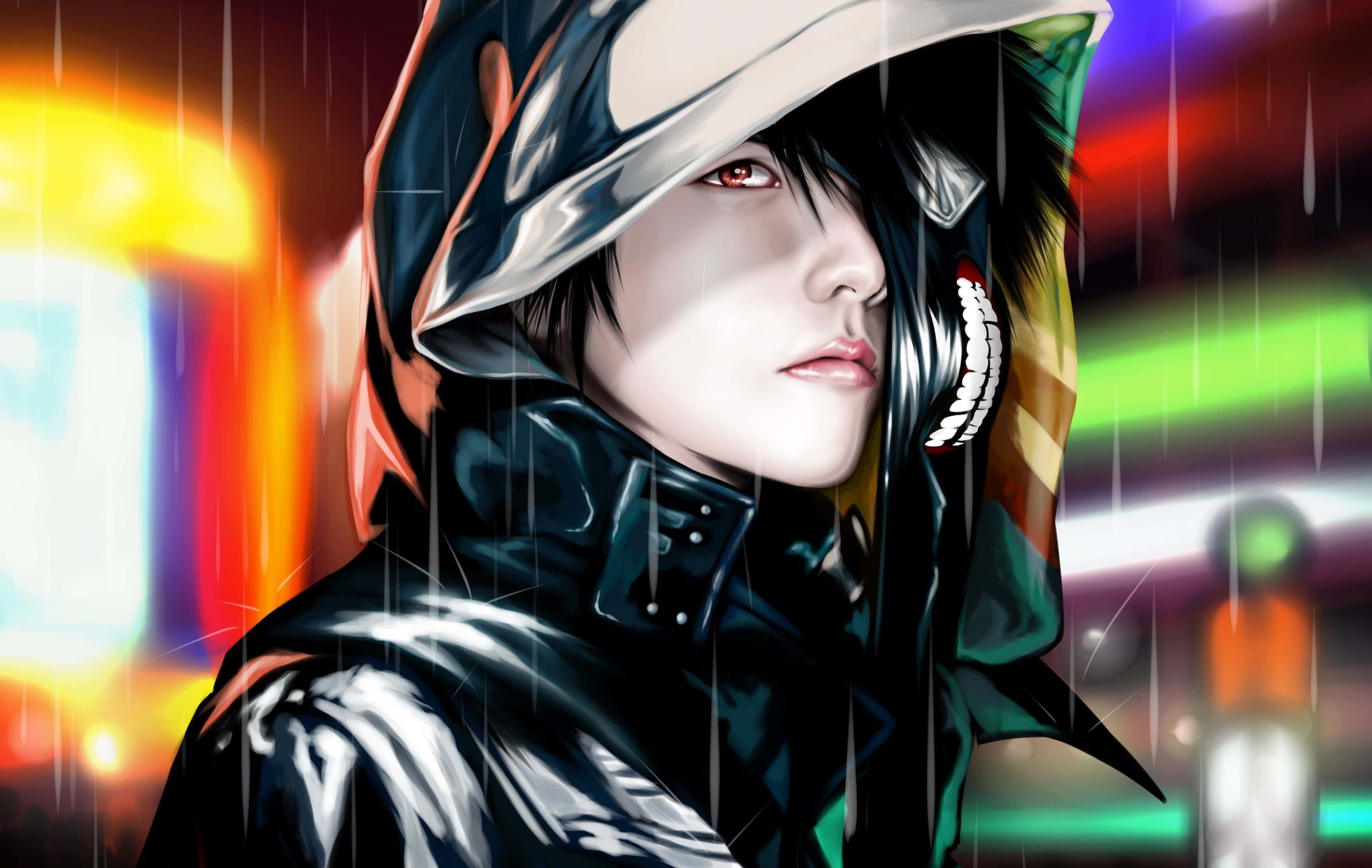 可愛動漫男孩微笑揮手，滿懷懷舊感 壁紙 — 一個風格化的動漫角色，有著紅色的眼睛和連帽雨衣，在傾盆大雨中站在霓虹燈照亮的城市景觀中。