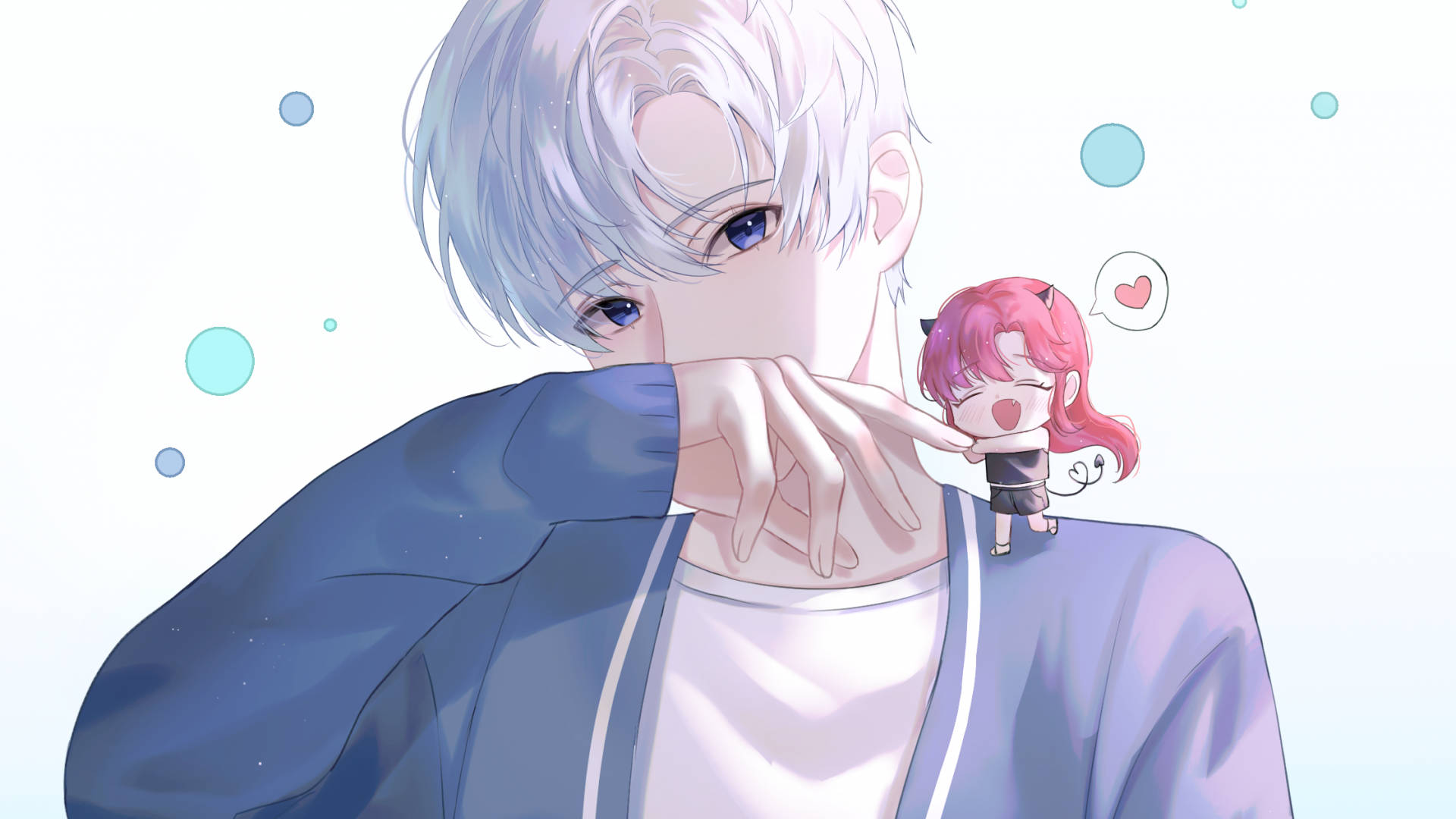 可愛動漫男孩與小女孩 壁紙 — 一個銀髮動漫男孩輕輕抱著一個微笑的粉紅髮小女孩，她頭頂有一個心形。
