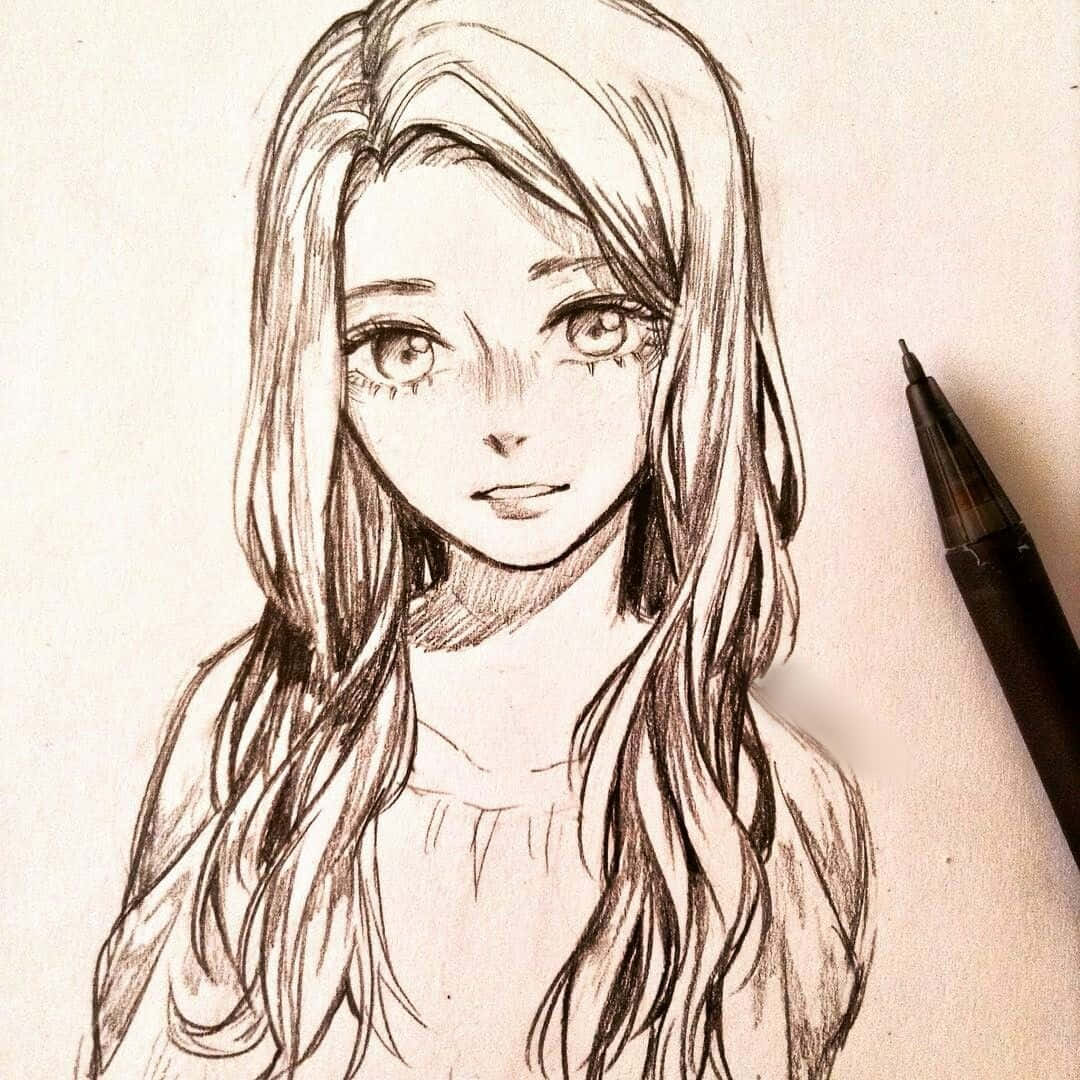 可愛動漫角色 壁紙 — 一幅詳細的鉛筆素描，描繪一位年輕女性，擁有長長的飄逸頭髮和富有表現力的眼睛，旁邊有一支黑色鋼筆在紋理紙上。