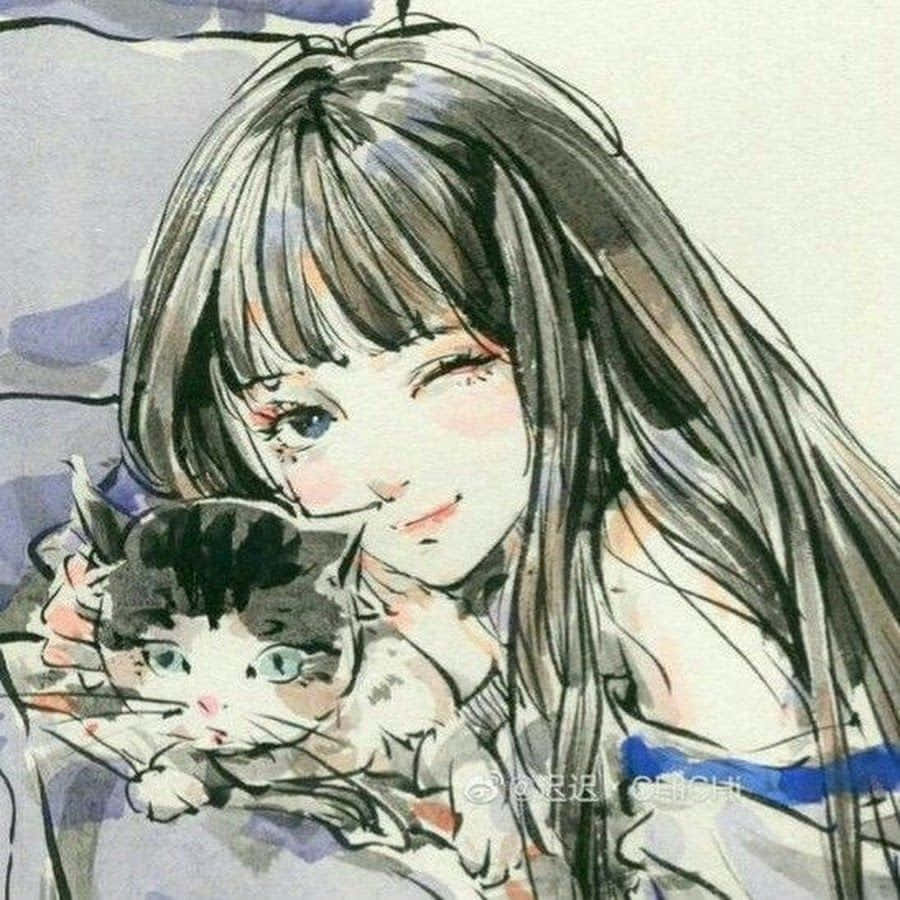 長灰色頭髮的動漫女孩，溫柔地微笑著抱著一隻小虎斑貓。