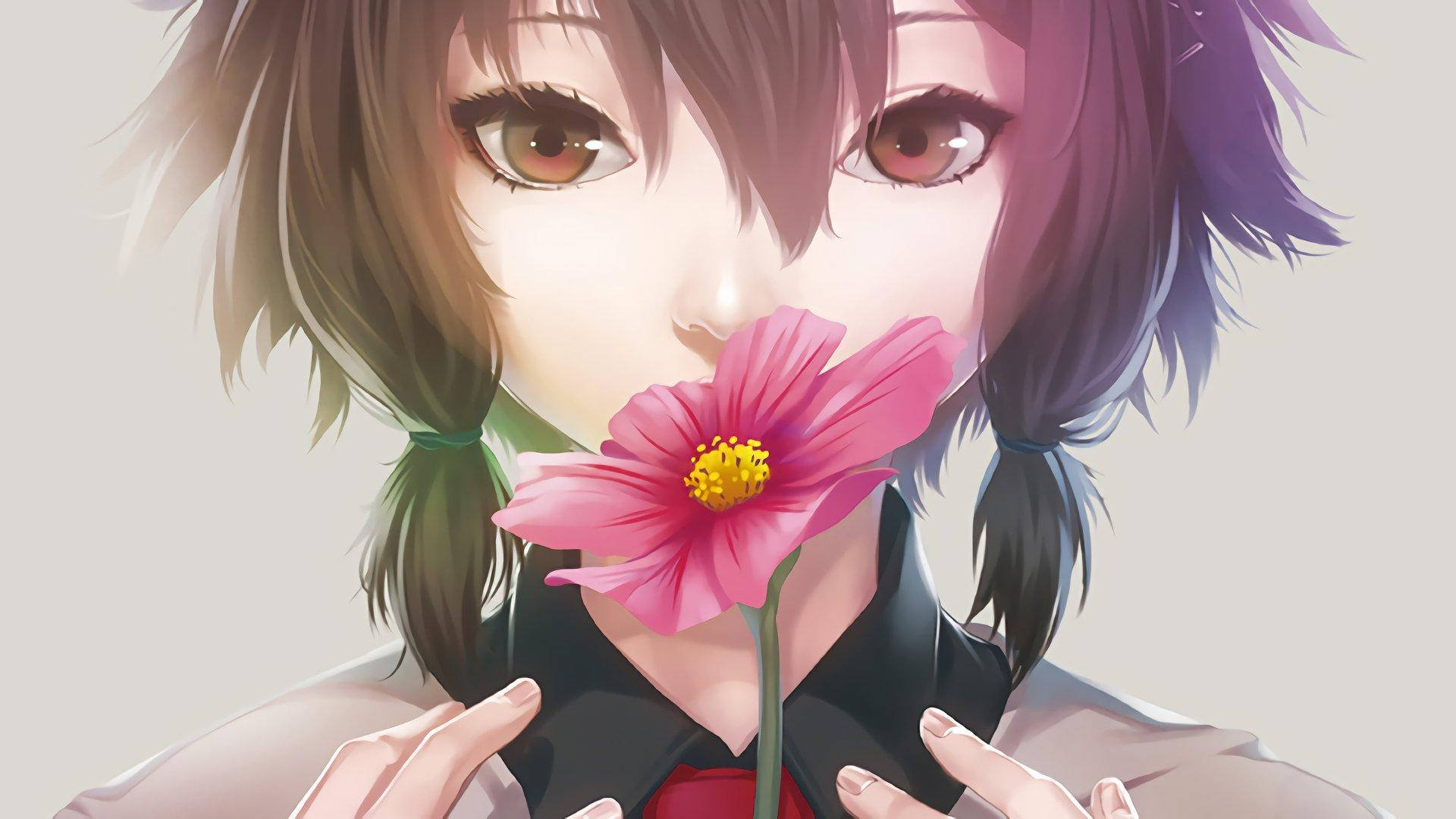 動漫女孩將粉紅色波斯菊放在嘴唇附近