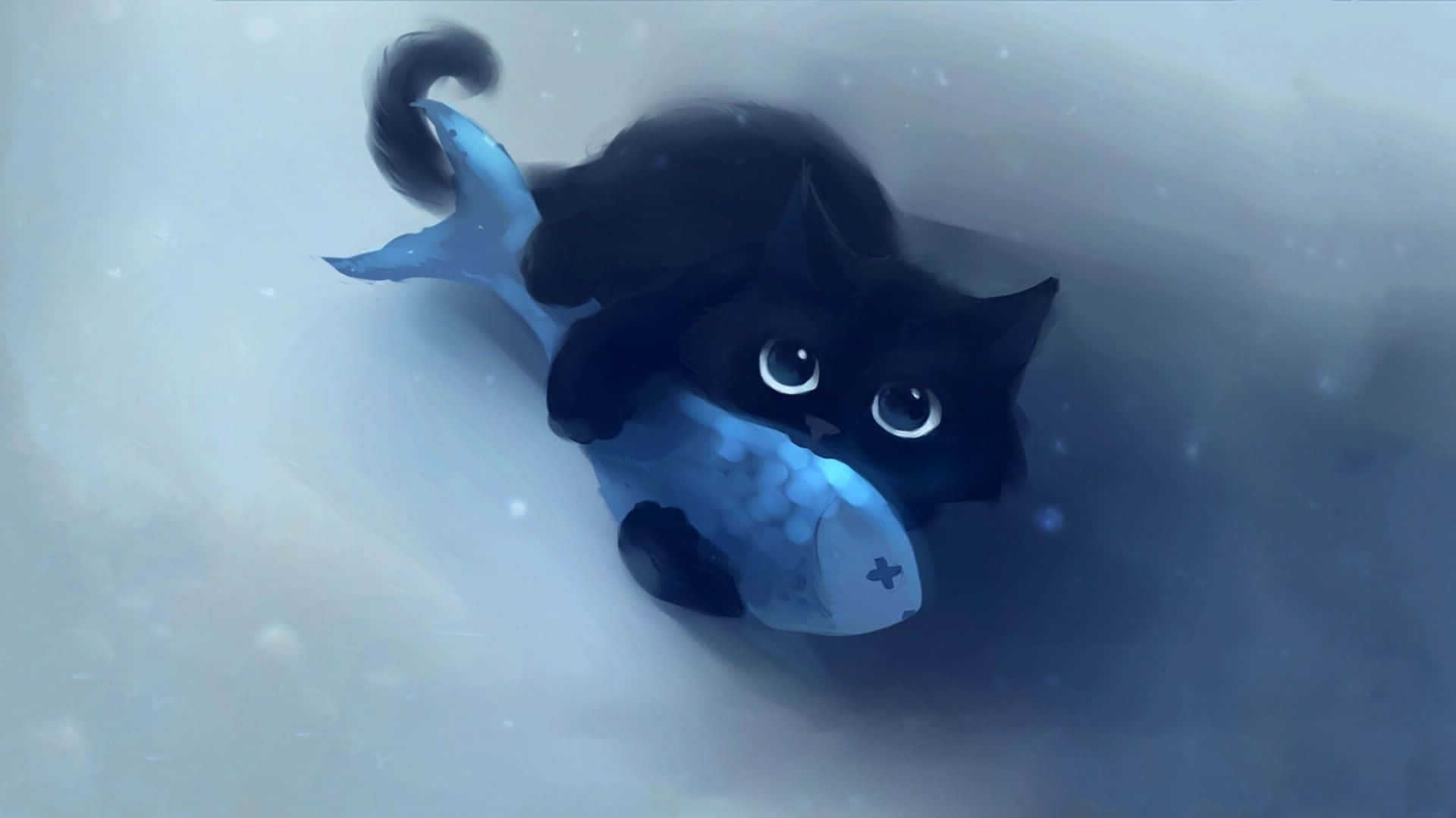一隻黑貓長著藍色魚尾，在雪中水底游動。