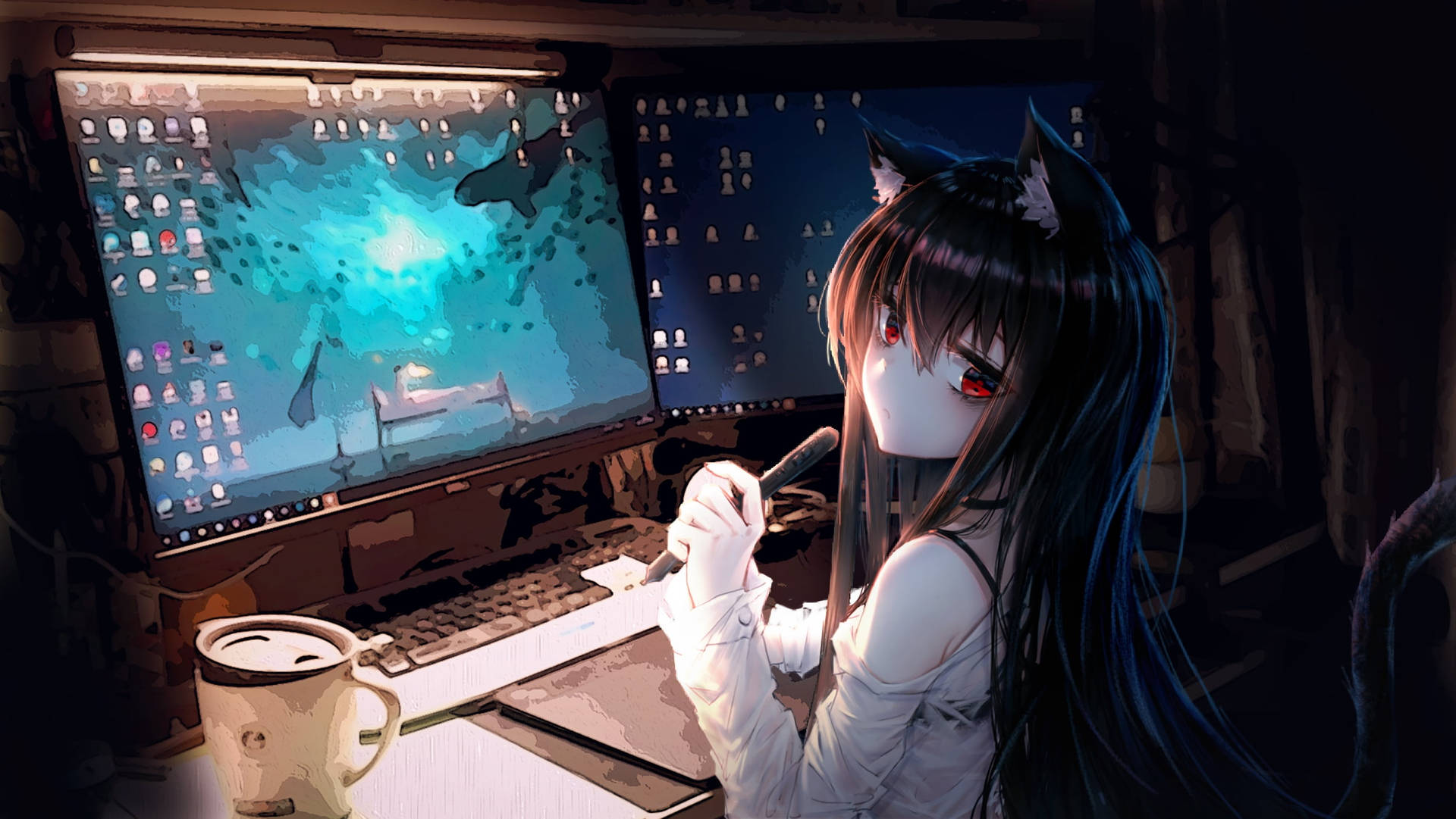 貓耳動漫女仔夜晚喺電腦枱前畫畫。