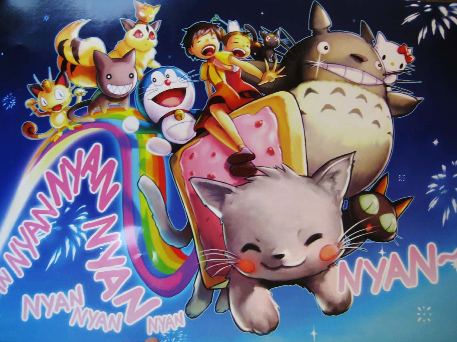 動漫角色和貓咪騎著彩虹，帶有 'nyan' 文字，背景是星空夜空。