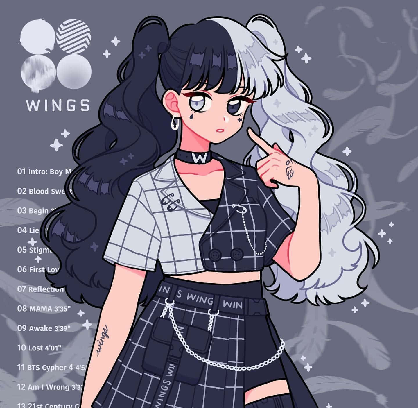 穿著格紋服裝的動漫女孩，黑白色頭髮，羽毛背景，指向觀眾。