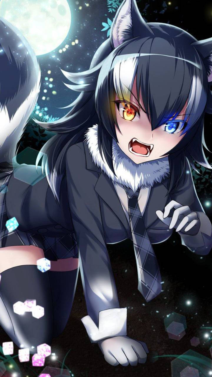 可愛動漫頭像 狼女 壁紙 — 一個有貓耳和異色瞳的動漫女孩蹲在發光的月亮下，周圍漂浮著寶石。