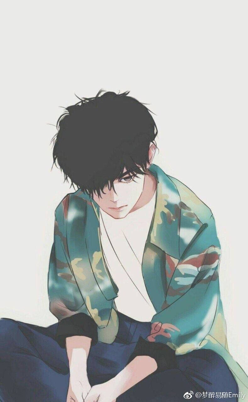 動漫男孩凌亂黑髮穿著迷彩外套坐著 — 可愛動漫頭像gif 壁紙