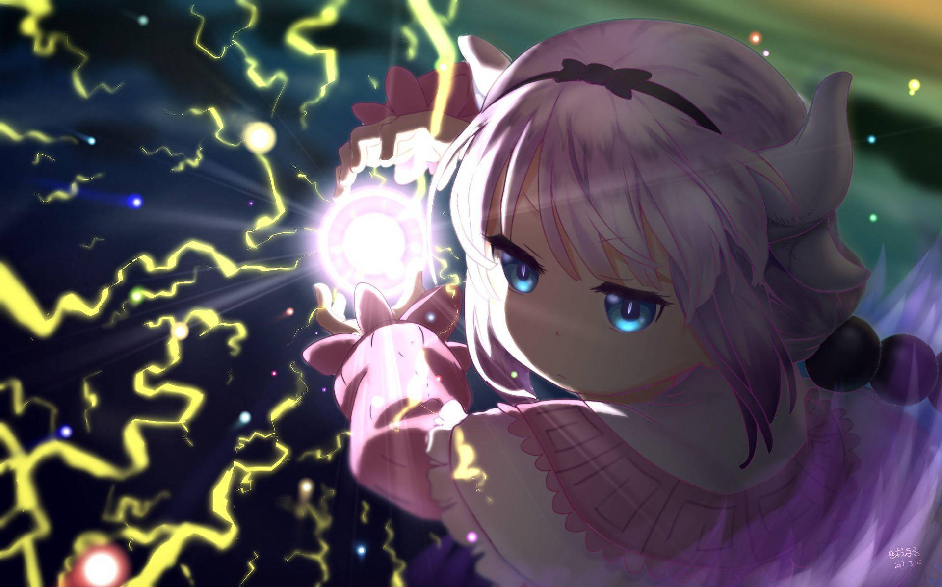有角和紫色頭髮的動漫女孩在太空中引導黃色閃電魔法。