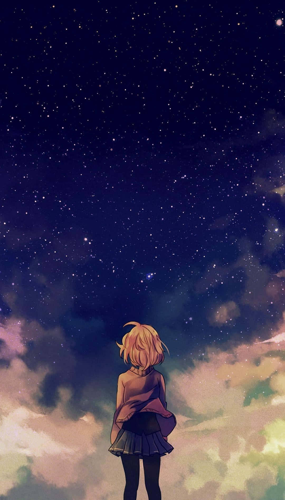 金髮動漫女孩仰望帶有彩色雲朵的星空。