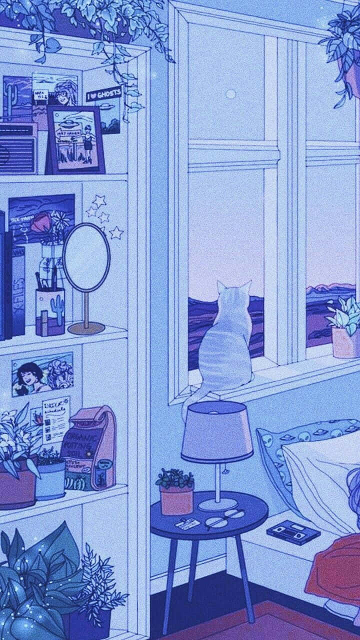 一隻貓坐在舒適臥室的窗台上，眺望繁星點點的夜空。