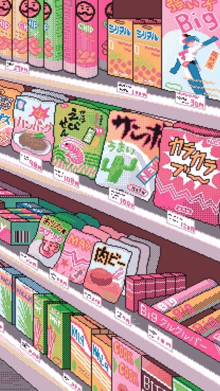 可愛動漫風格手機壁紙：超市貨架上的彩色零食 壁紙 — 像素藝術風格貨架上擺滿了色彩繽紛的日本零食盒，色調鮮豔，有粉紅、綠色和橙色。