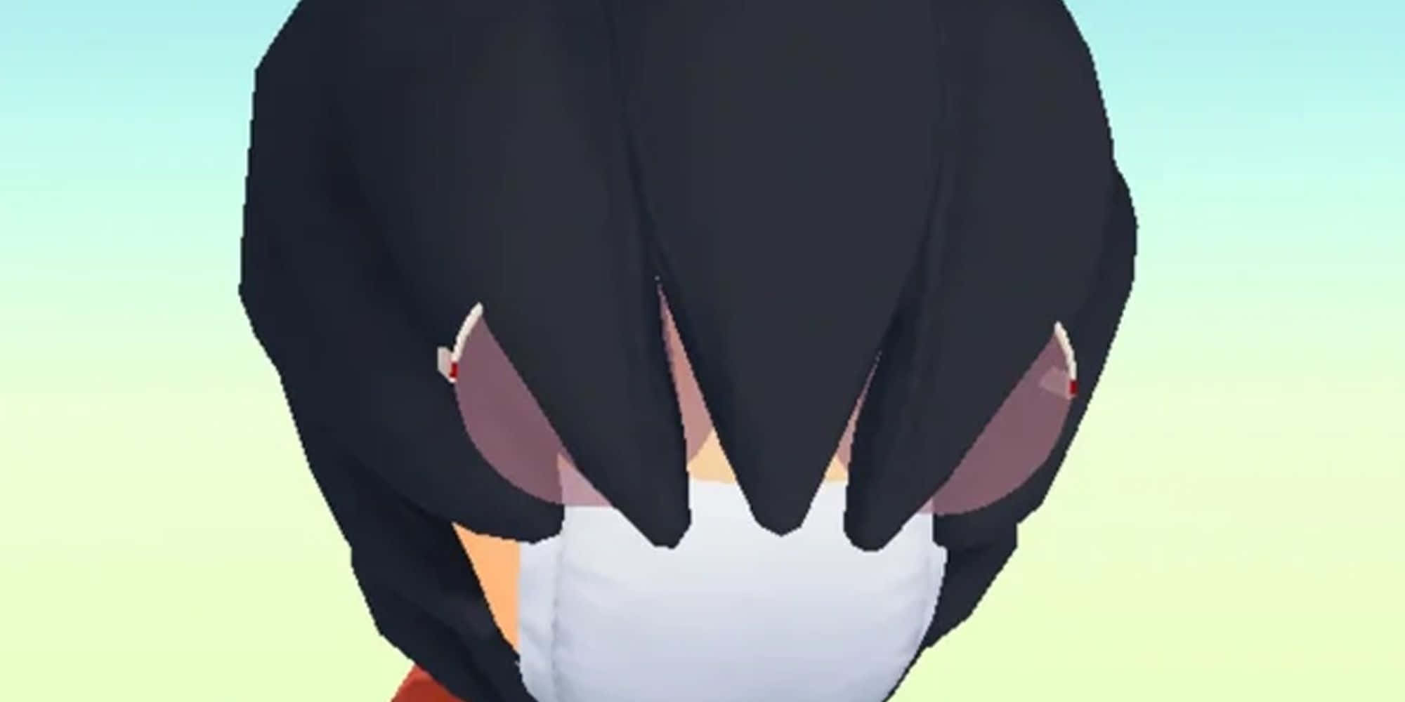 可愛動漫風格的 Pokemon Deino 壁紙 — 一個低多邊形動漫角色，黑色刺蝟頭，戴白色面具，從背後觀看，背景是柔和漸變的天空。