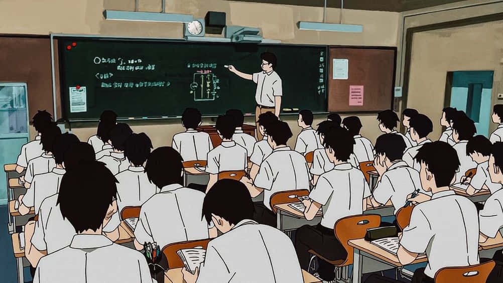 動漫教室，學生穿著白色制服聽老師在黑板上講課。