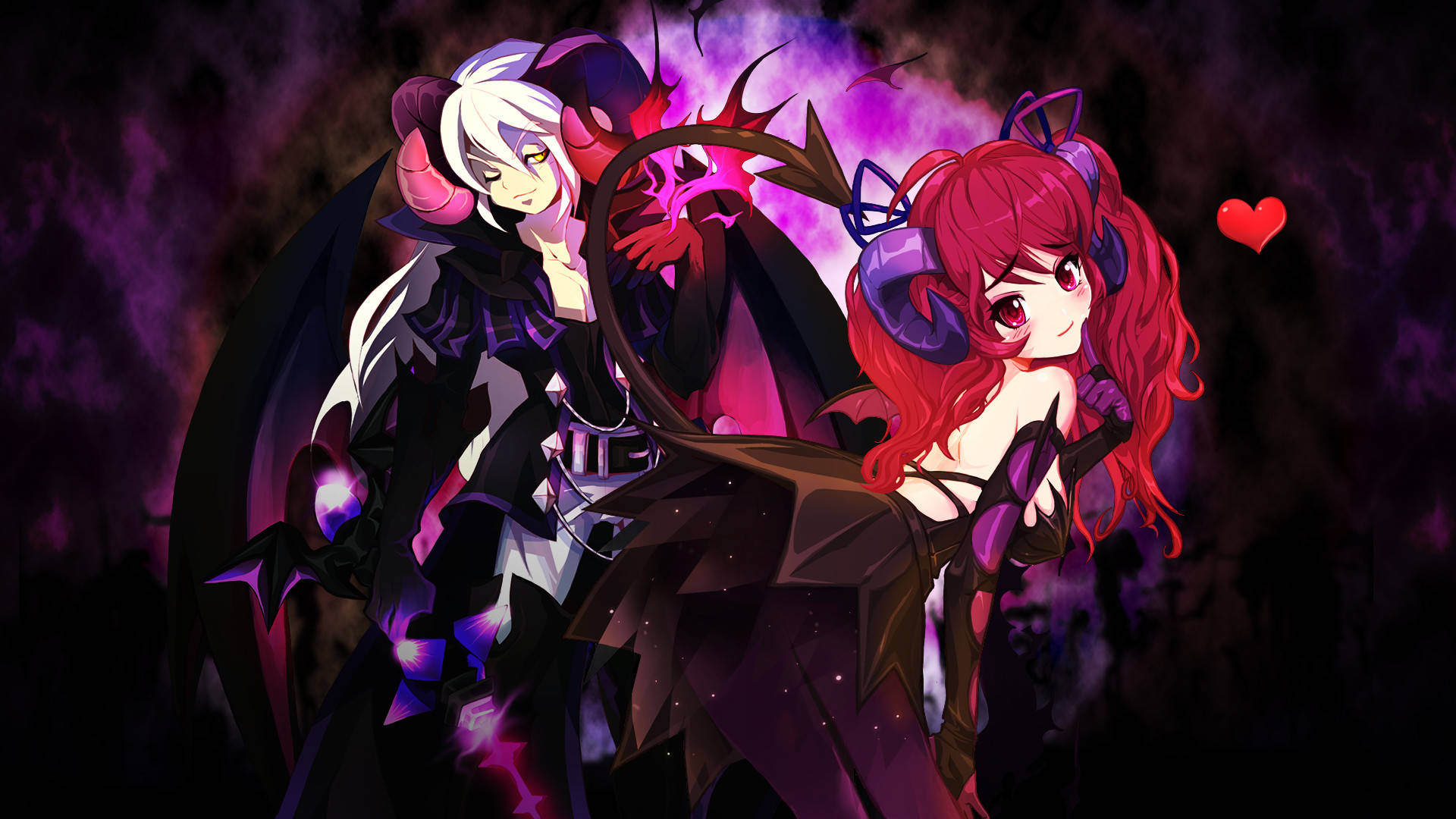 可愛動漫魅魔情侶 壁紙 — 兩個有翼和角的動漫風格惡魔角色站在一個帶有漂浮心形的深紫色煙霧背景前。