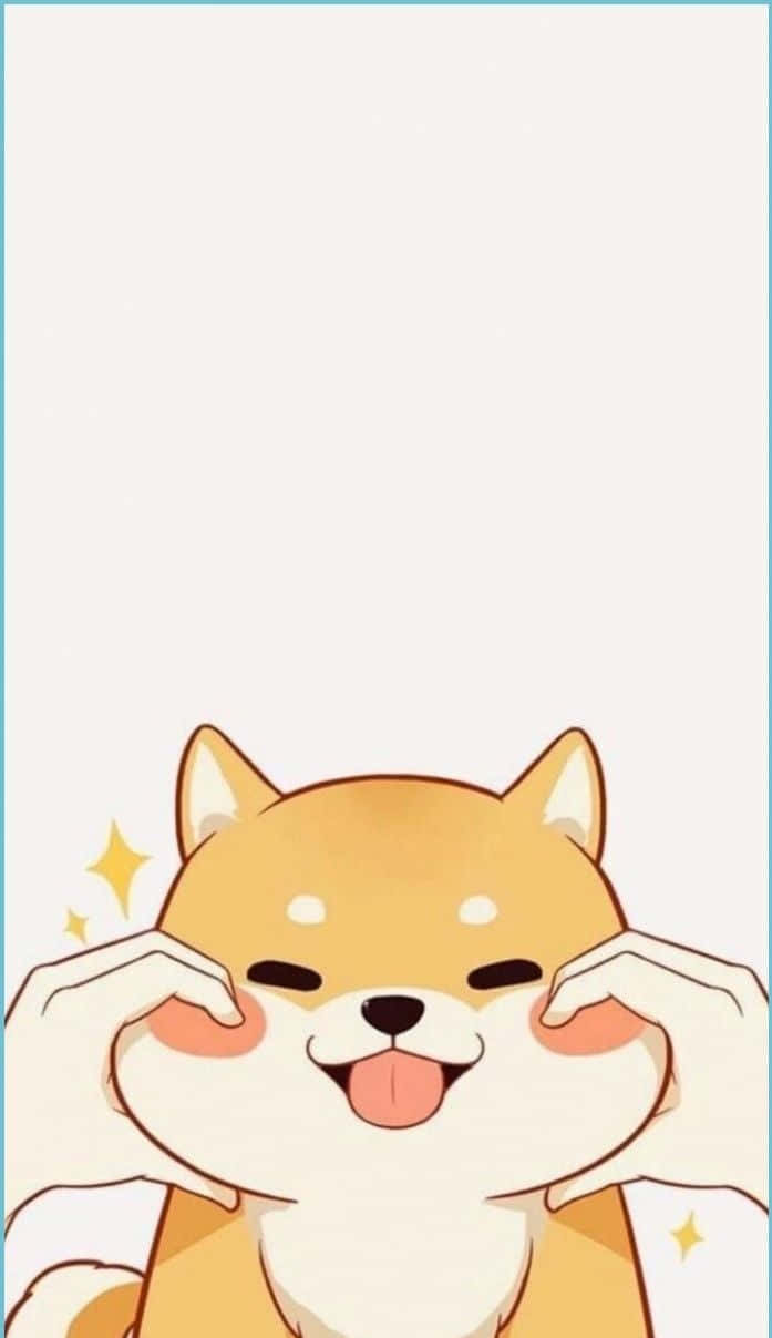 可愛的動漫柴犬微笑，伸出舌頭，爪子放在臉頰上。