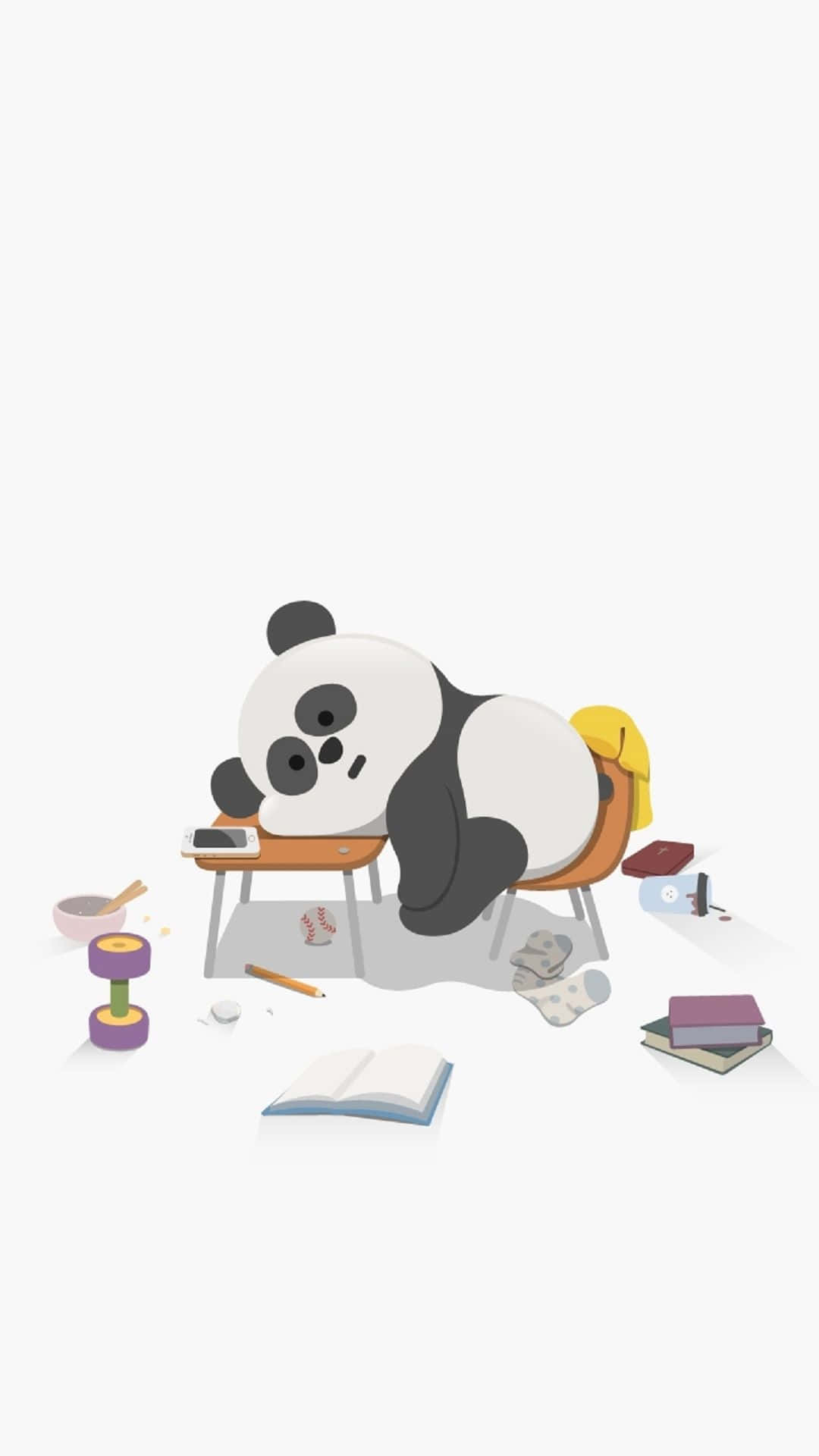 一隻卡通熊貓喺雜亂嘅書枱上瞓覺，書枱上有書同啞鈴。