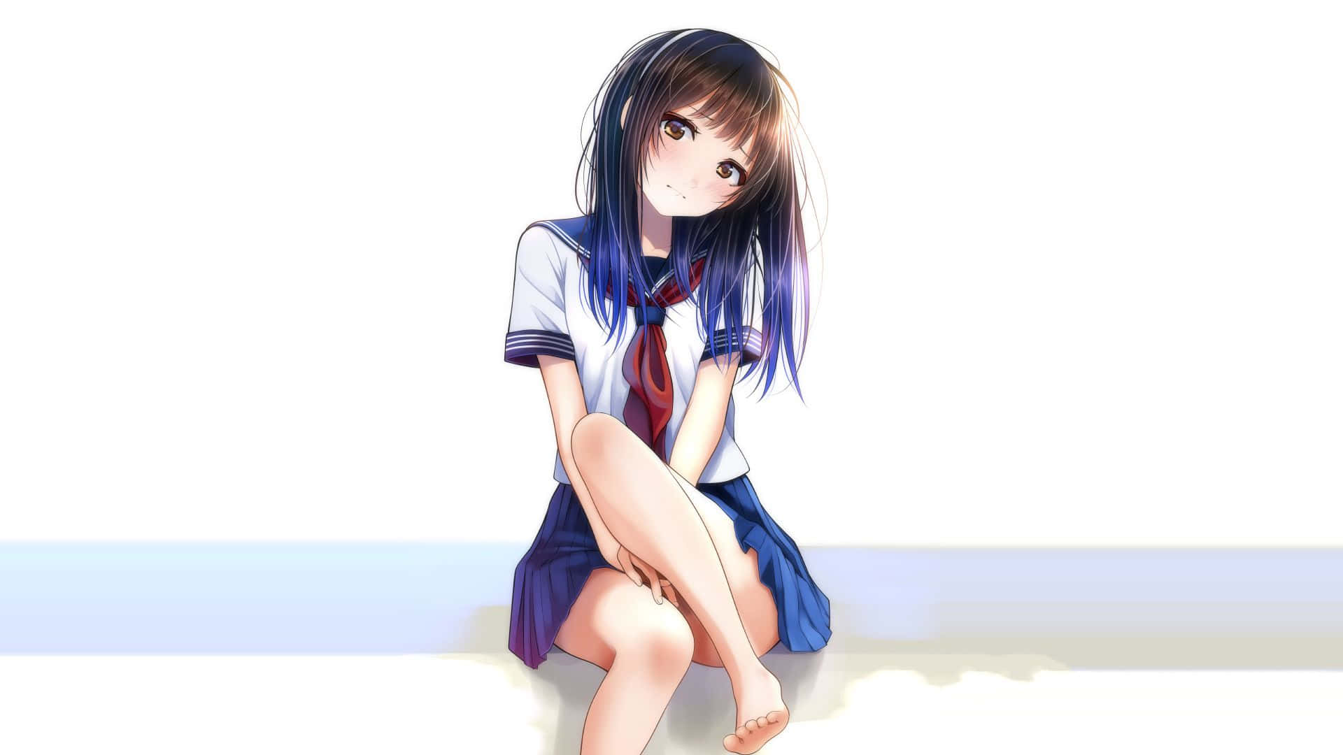 可愛動畫女學生 頭髮前額瀏海 壁紙 — 一位藍髮動漫女孩穿著水手服，赤腳坐在白色表面上，背景是柔和的藍色漸變。