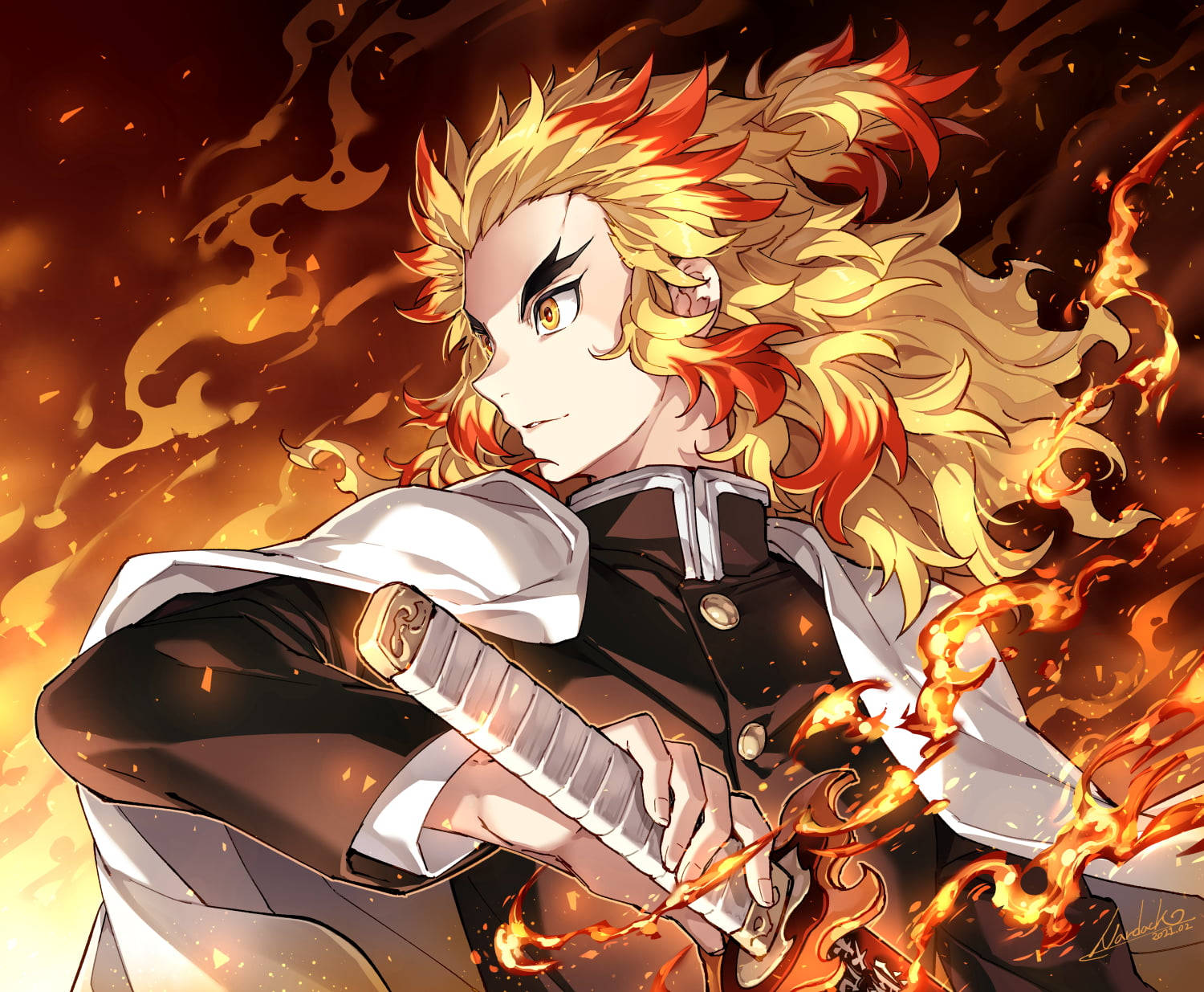 可愛動畫男孩 Rengoku 壁紙 — 一位火紅頭髮的動漫戰士，在旋轉的橙紅色背景中握著一把燃燒的劍。