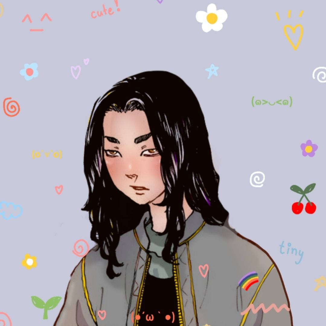 可愛北條 勝介 粉絲藝術 壁紙 — 一個可愛的動漫女孩，長長的黑髮和灰色外套，站在充滿俏皮塗鴉和表情符號的粉彩背景前。
