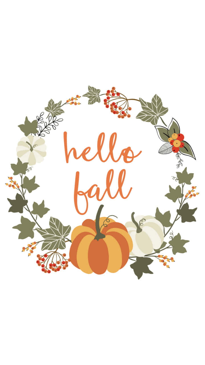 以橙色字體書寫的 hello fall 文字，被帶有南瓜和漿果的秋季花環環繞。