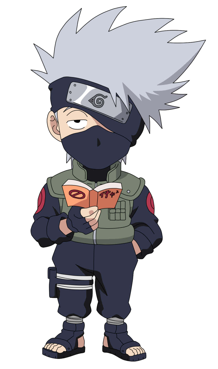 Chibi Kakashi Hatake 穿著忍者裝備和面具在看書。
