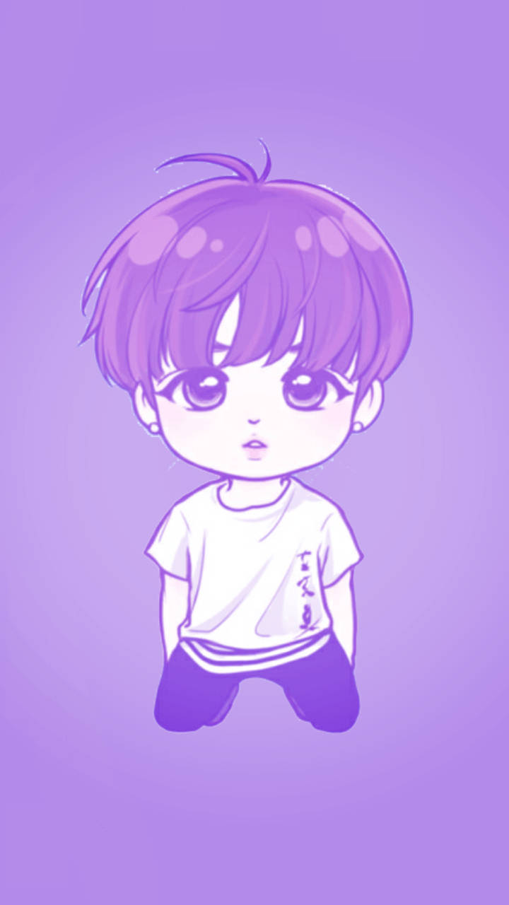可愛卡通Jungkook壁紙 壁紙 — 一個可愛的動漫風格男孩，紫色頭髮和大眼睛，坐在純紫色背景前，穿著白色T恤和深色褲子。