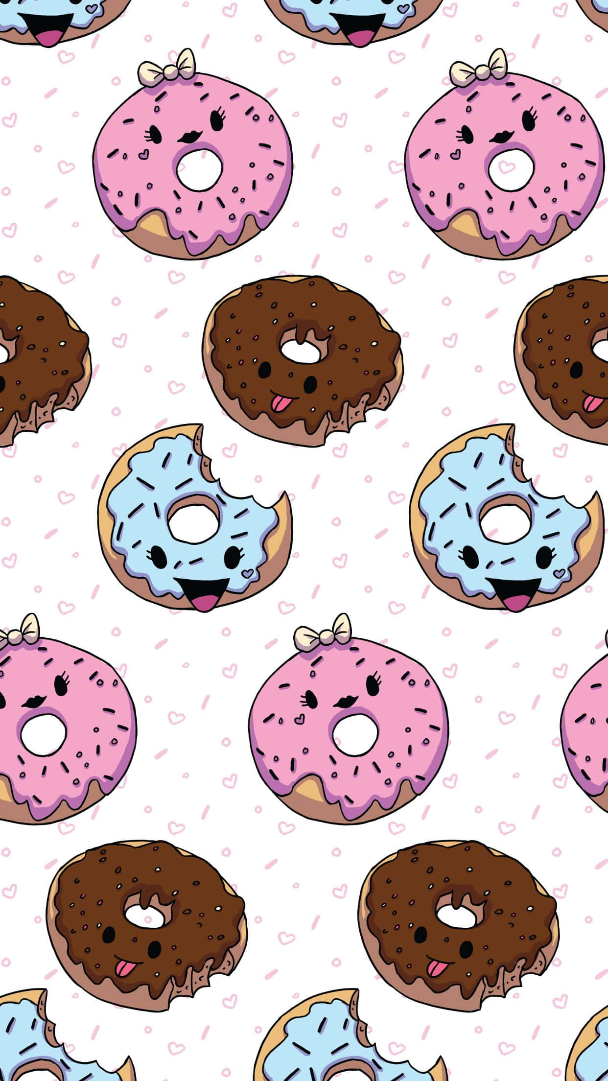 Cute Donut 桌布 壁紙 — 可愛卡通冬甩有表情同糖針，喺白色背景上重複成一個玩味圖案。