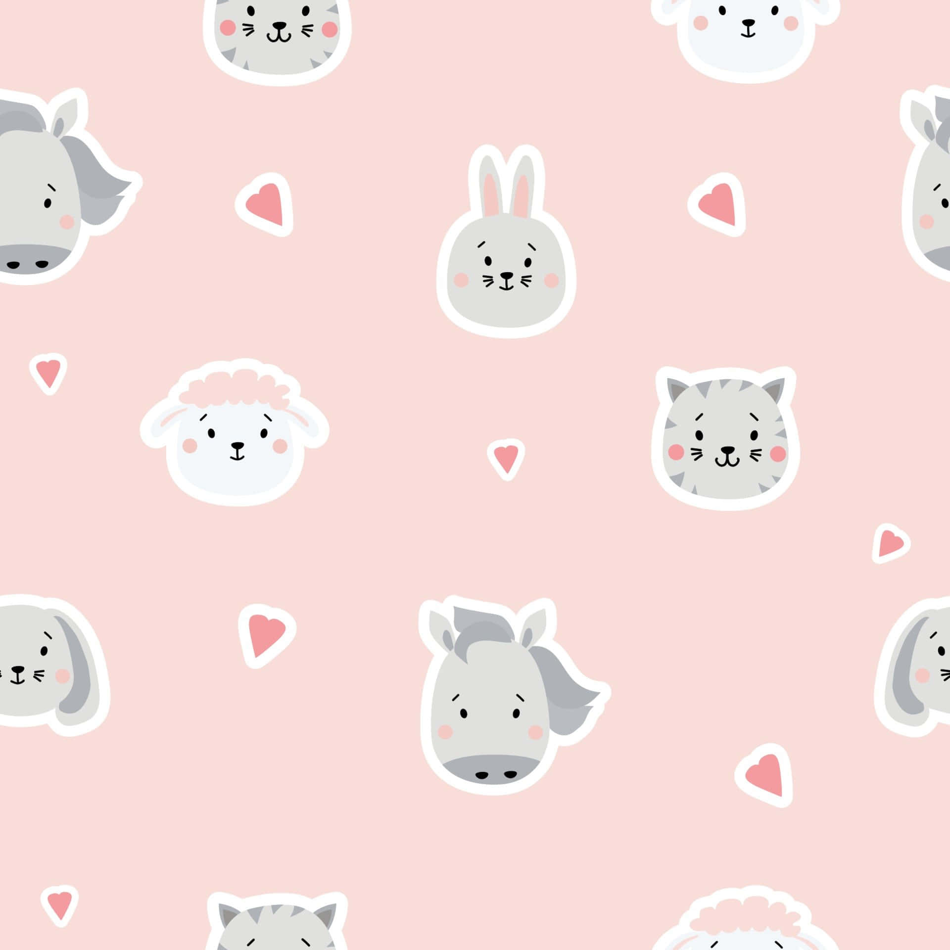 Cute Stickers 桌布 壁紙 — 可愛卡通動物頭像和心形在柔和的粉紅色背景上以俏皮的重複圖案漂浮。