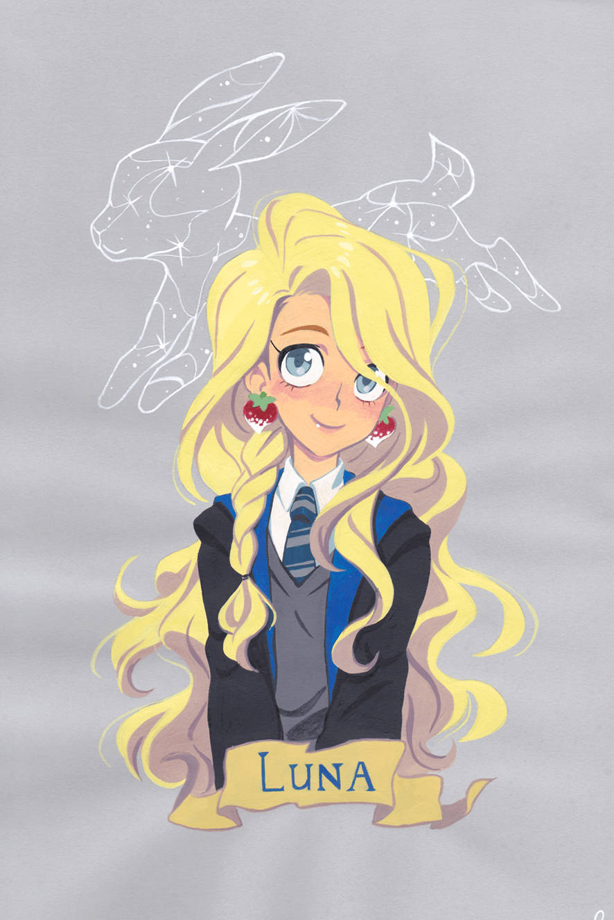 動漫角色露娜·洛夫古德穿著霍格華茲制服，戴著草莓耳環和幽靈般的兔子輪廓。