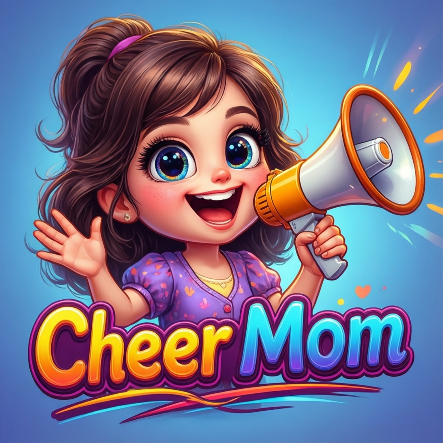 Cheer Mom 女孩在明亮的藍色背景前拿著擴音器